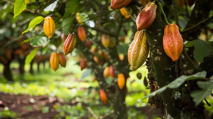 Cacao trees thrive in tropical forests, producing oval-shaped, yellow-red fruits. There are three main types of cacao: Criollo, Forastero, and Trinitari.
