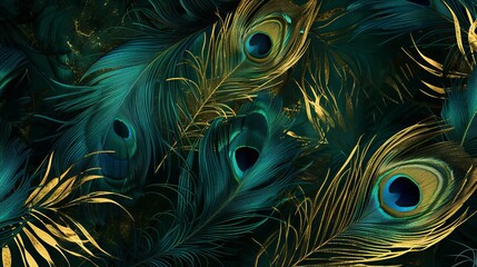Captivating green feathers against a black backdrop, vibrant blue on a golden pattern, lush green background, and a burst of yellow feathers evoke a sense of love and celebration for Valentine's Day.