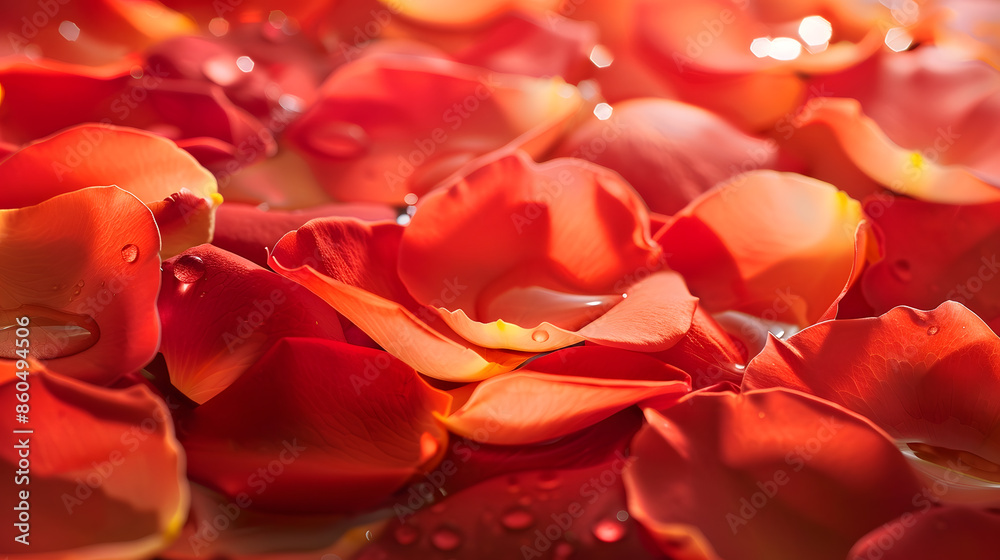 Aufkleber Greeting card with beautiful rose petals macro with drop floating on surface of the water close up It can be used as backgroundFlat lay top view copy space concept : Generative AI