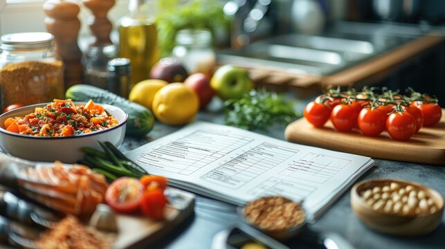 A detailed meal planning list next to a colorful shopping list on a kitchen table, highlighting various healthy food categories such as fruits, vegetables, whole grains, and lean proteins.