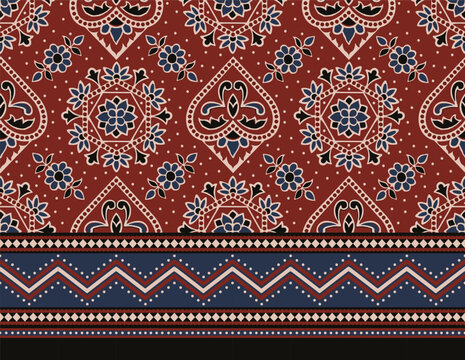 HAND DRAWN FLORAL JAIPUR PRINT SEAMLESS PATTERN WITH SEAMLESS BORDER ALL OVER PRINT VECTOR ILLUSTRATION