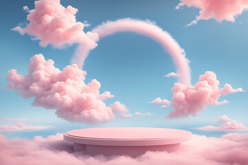 Background podium pink 3d product sky platform display cloud pastel scene render stand. Pink podium stage minimal abstract background beauty dreamy space studio pedestal smoke showcase geometric 