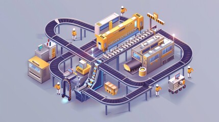Vector illustration of an isometric factory with an automated mechanized conveyor line Shows industrial robotic conveyor production line with plant workers in an electronic factory