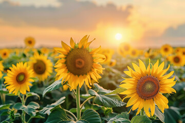 Fototapeta premium Field of sunflowers under the sunset sky