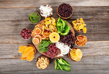 Dried mixed exotic fruits. Organic Healthy Assorted Dried Fruit Mix close-up. Dried fruit snacks....
