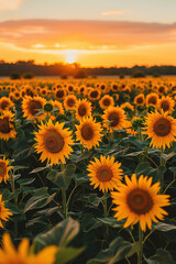 Obraz premium Field of sunflowers under the sunset sky
