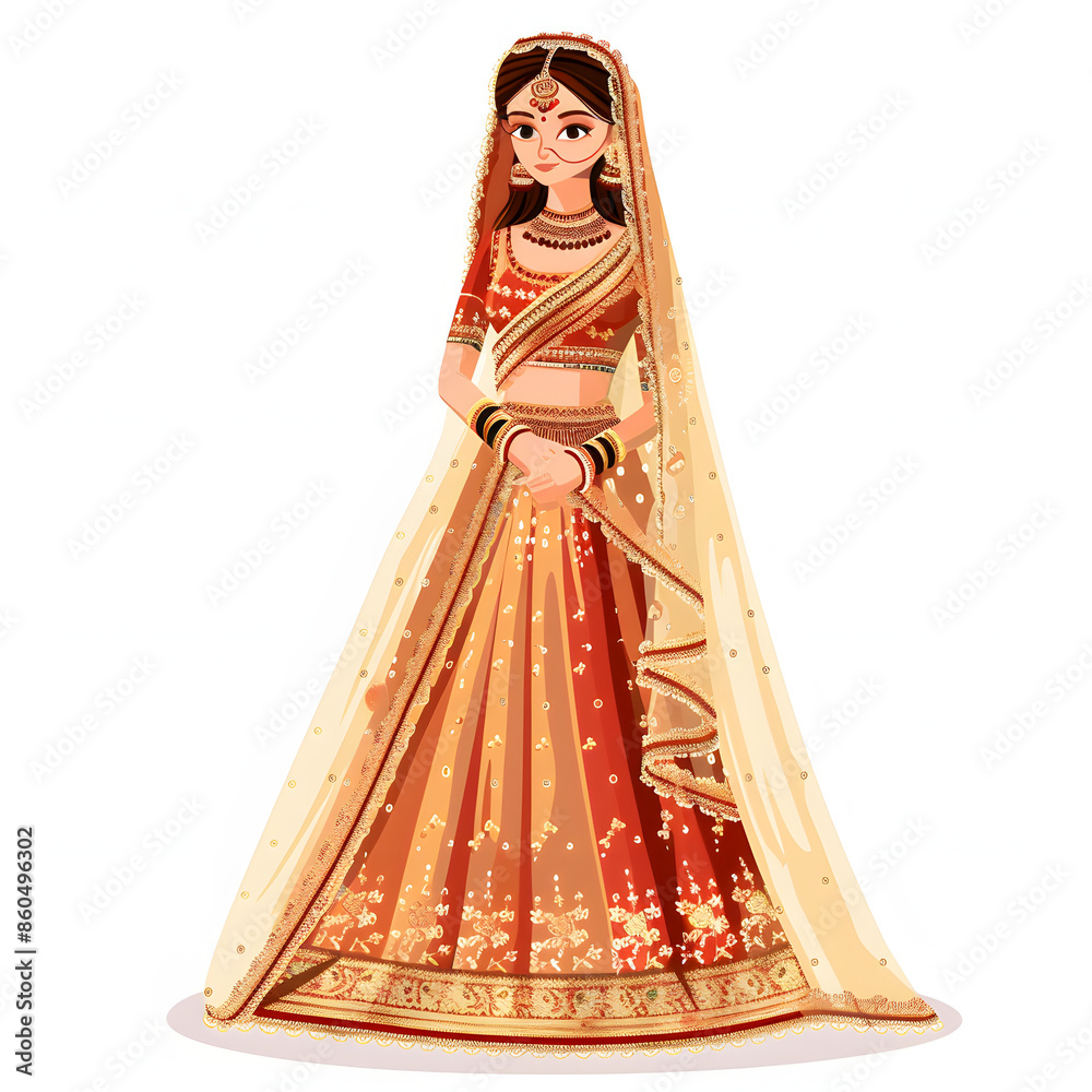 Wall mural beautiful indian bride wearing a traditional indian bridal dress isolated on white background, flat  - Wall murals
