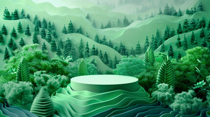 The product display stand has a lush green forest background.