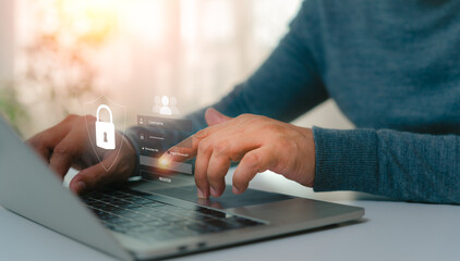 Hand of a man using laptop, secure access to user personal information, cybersecurity, secure Internet access, information security encryption. Cyber security internet network data privacy concepts.