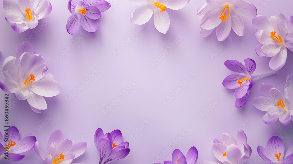 Aufkleber flower layout from spring flowers crocus on a pastellilac background Top view and copy space : Generative AI