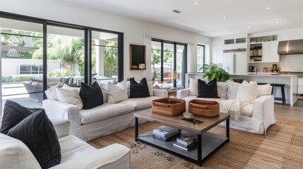 Modern Living Room with White Couches and Black Pillows