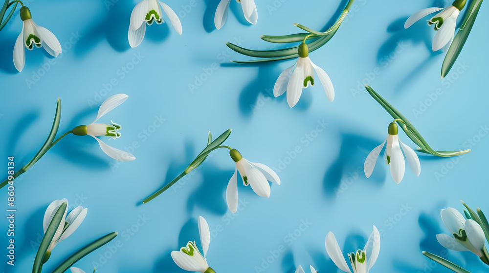 Poster Creative layout made with snowdrop flowers on bright blue  background Flat lay Spring minimal concept : Generative AI