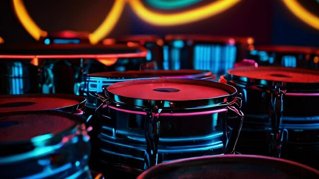 A close-up motion of several drumheads lit by vibrant neon lights, with the rest of the room obscured by darkness