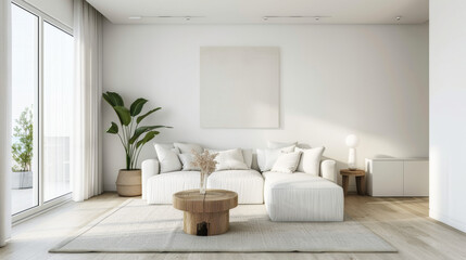 Fototapeta premium Living room with beautiful plain white wall, contemporary, clean, laguna beach, bright