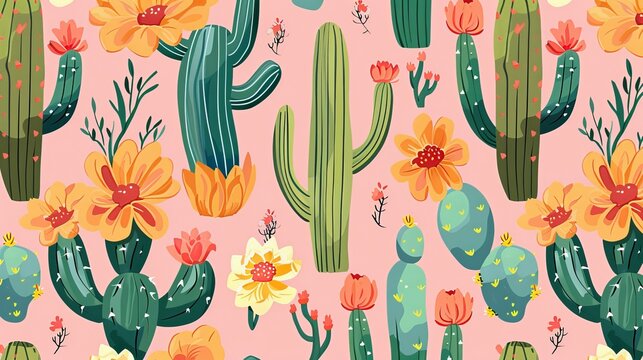 Colorful Arizona-inspired vector pattern featuring blooming cacti and succulents on a pink background. Perfect for fabrics and prints.