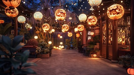 Obraz premium A beautifully decorated area with traditional lanterns and cultural symbols from various heritages, celebrating Friendship Day.