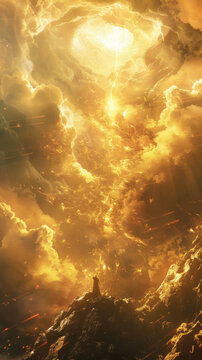 Epic God returning to Mount Olympus,  godlike aura, photorealistic, majestic clouds, golden hour light