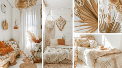 A vision board collage, inspired by boho decor, sunny, bright day