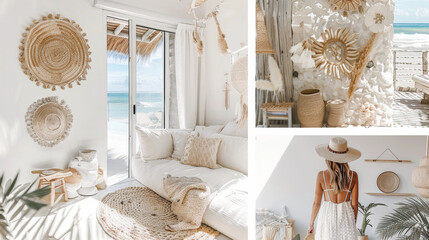 A vision board collage, inspired by boho decor, sunny, bright day