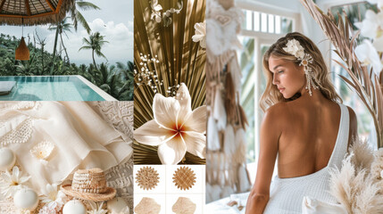 A vision board collage, inspired by boho decor, sunny, bright day