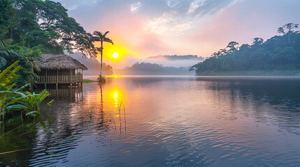 Fototapeta premium Breathtaking sunrise on lake, early morning landscape with raising sun, morning mist and calm lake water. 