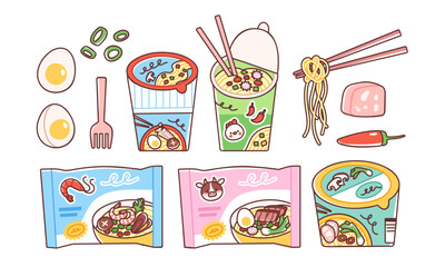 Instant ramen set. Vector illustration of Asian noodles packaging with eggs, green onion, spam and chili pepper that one can add to the dish. Instant noodles packages and cups in cute flat style.