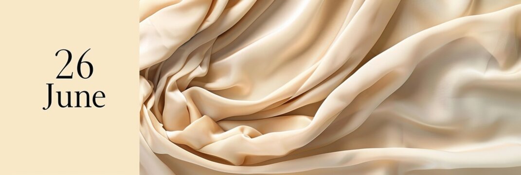 Luxurious Beige Fabric with Flowing Drapes and Date 26 June in Elegant Typography Perfect for Copy Space Concepts