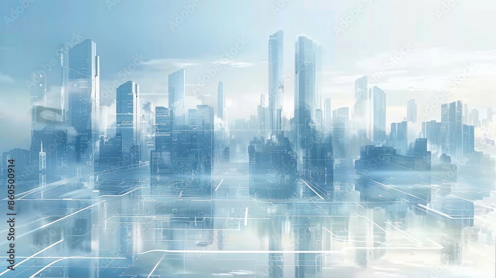 Poster blue lines and abstract curves in the foreground, a futuristic cityscape, glass buildings and skyscr