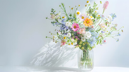 Beautiful bouquet of wild summer flowers in vase against white wall : Generative AI