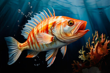 Fototapeta premium Illustration of underwater world with big fish and corals. Sea life in pictorial drawing