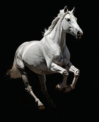 White Horse Running Isolated on Black Background.