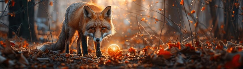 Frontal view of a curious fox investigating a glowing orb in a forest