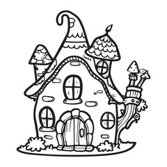 Cute fairy house design for coloring book, black vector illustration on white background