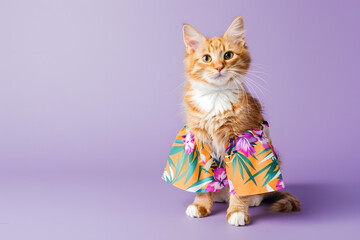 Obraz premium Cute cat in summer dress on purple background.