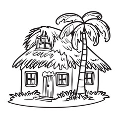 Cute tropical island house design for coloring book, black vector illustration on white background