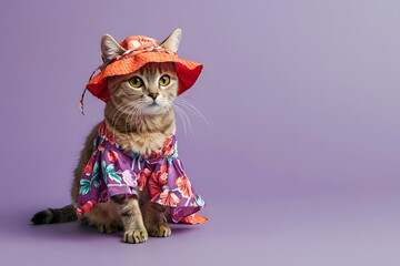 Cute cat in summer dress on purple background.