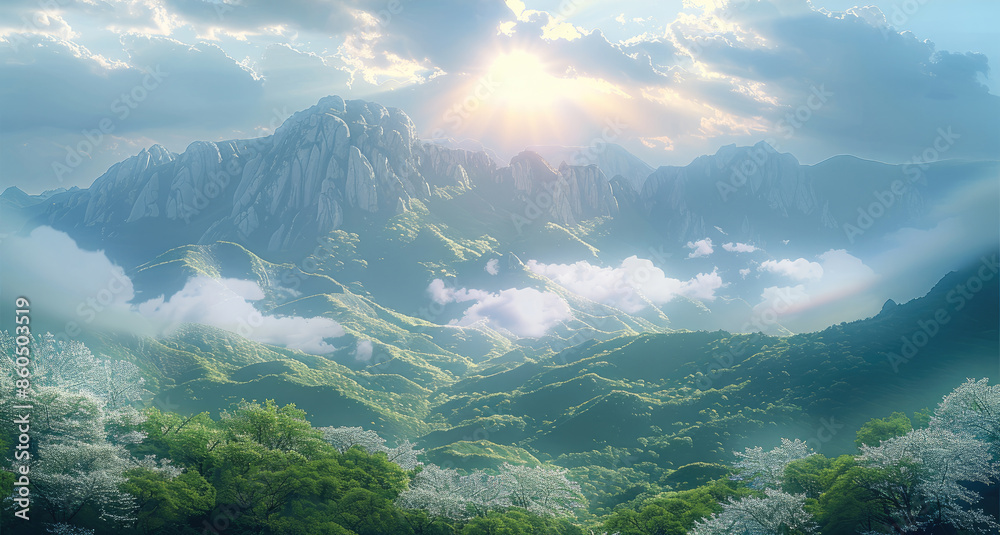 Poster a tranquil and grand mountain range stands bathed in the gentle light of the early morning sun, with