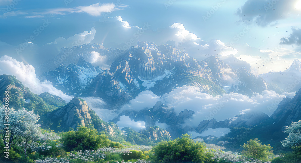 Aufkleber a tranquil and grand mountain range stands bathed in the gentle light of the early morning sun, with