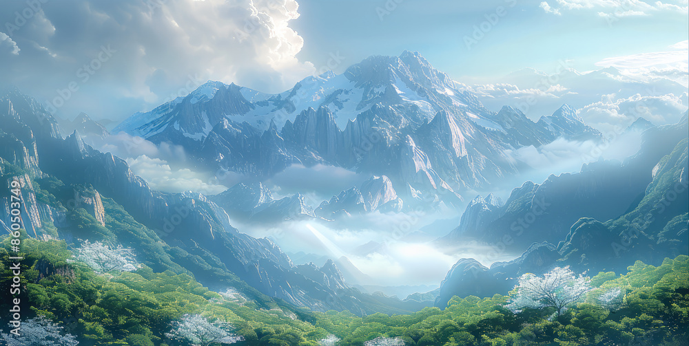 Poster a tranquil and grand mountain range stands bathed in the gentle light of the early morning sun, with