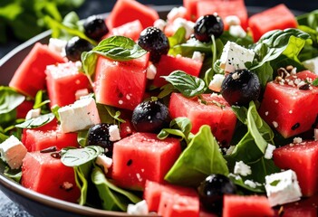 refreshing watermelon feta salad chilled ingredients, summer, healthy, fruit, green, white, cubes, crumbled, delicious, sweet, savory, mint, appetizer