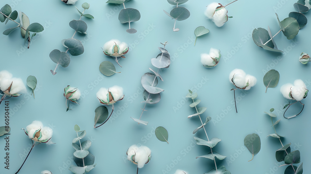 Poster flowers composition pattern made of cotton flowers and eucalyptus branches on pastel blue background