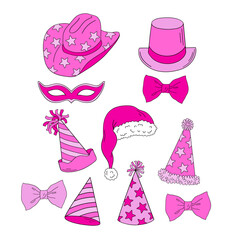 Pink Doll party accessories vector clip-art set isolated on white. Pinky Girlish New Year vibes illustration