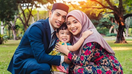 Fototapeta premium happy muslim family spend time together and hugging kids