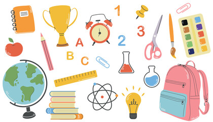 Back to school card with school supplies,backpack, pencils, notebook, microscope, vector illustration in flat style