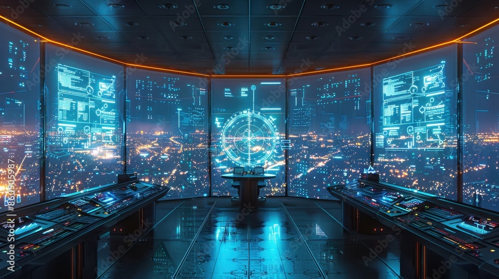 Wall mural an ai-powered air traffic control center, digital art, with advanced monitoring systems and holograp - Wall murals