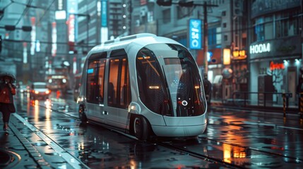 Obraz premium Autonomous electric shuttle in a futuristic city, showcasing urban mobility solutions, photorealistic style, emphasizing innovation and convenience. 