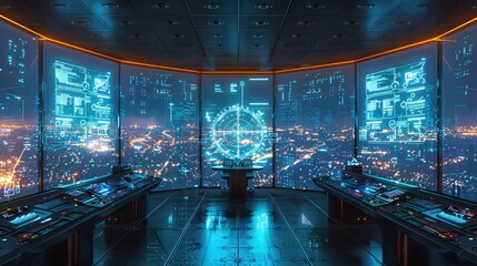 An AI-powered air traffic control center, digital art, with advanced monitoring systems and holographic displays. 