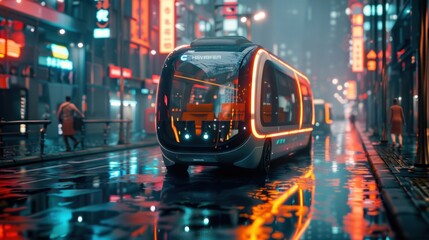 Fototapeta premium Autonomous electric shuttle in a futuristic city, showcasing urban mobility solutions, photorealistic style, emphasizing innovation and convenience. 