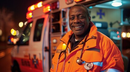 Portrait of a Black Male EMS Paramedic Standing in Front of an Ambulance He wears a Medical Orange Uniform and Smiling. Successful Emergency Medical Technician or Doctor at Work.