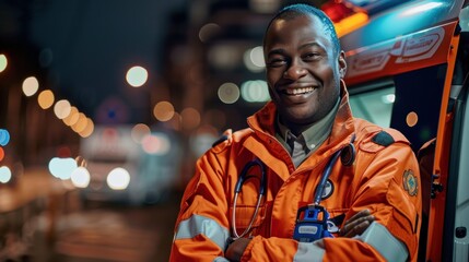 Fototapeta premium Portrait of a Black Male EMS Paramedic Standing in Front of an Ambulance He wears a Medical Orange Uniform and Smiling. Successful Emergency Medical Technician or Doctor at Work.